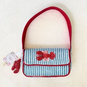 Viral Beaded Light Blue & White Striped Lobster Bag w/ Beaded Lobster Bag Charm